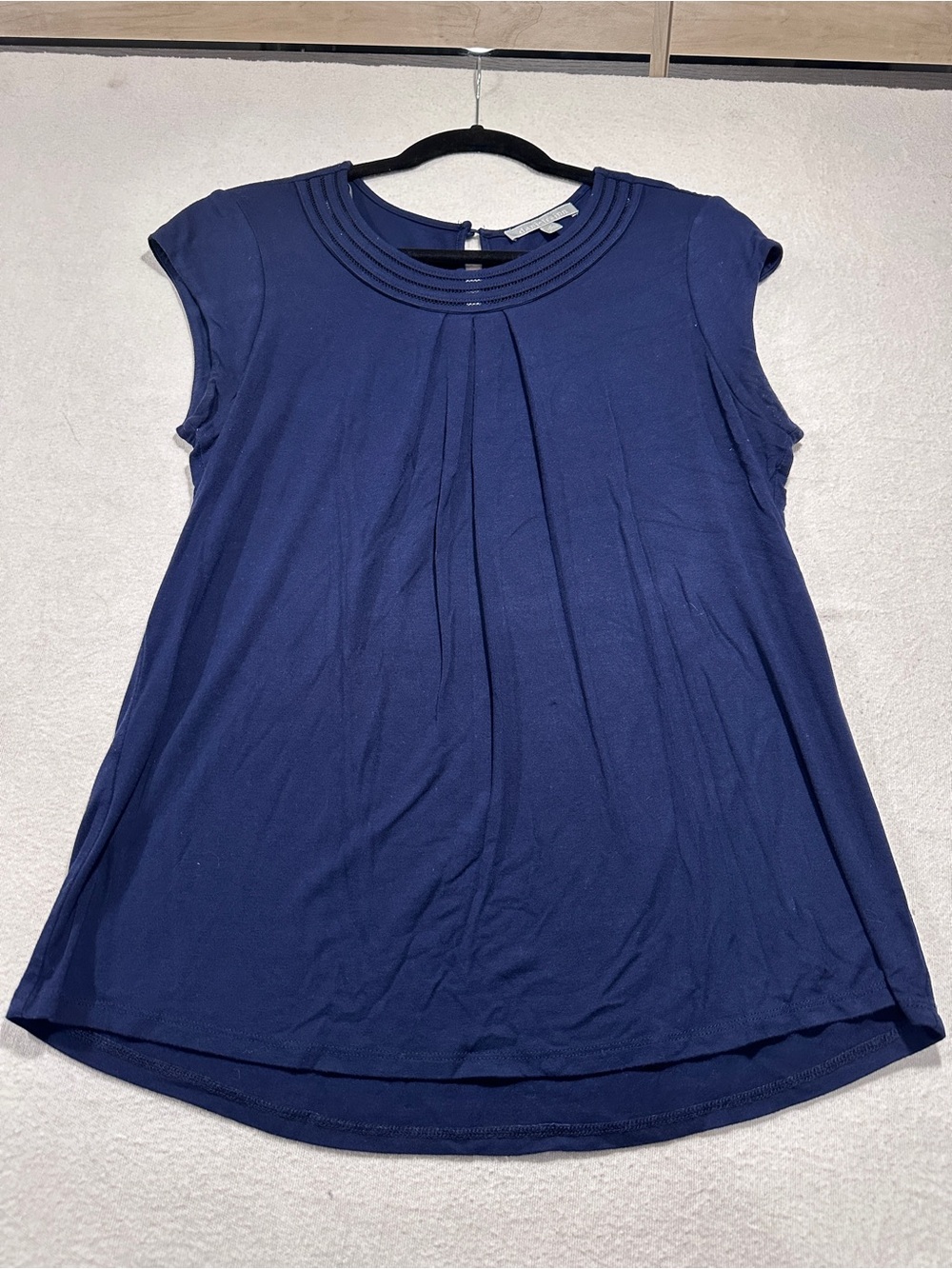Daniel Rainn Navy Pleated Yoke Cap-Sleeve Tunic